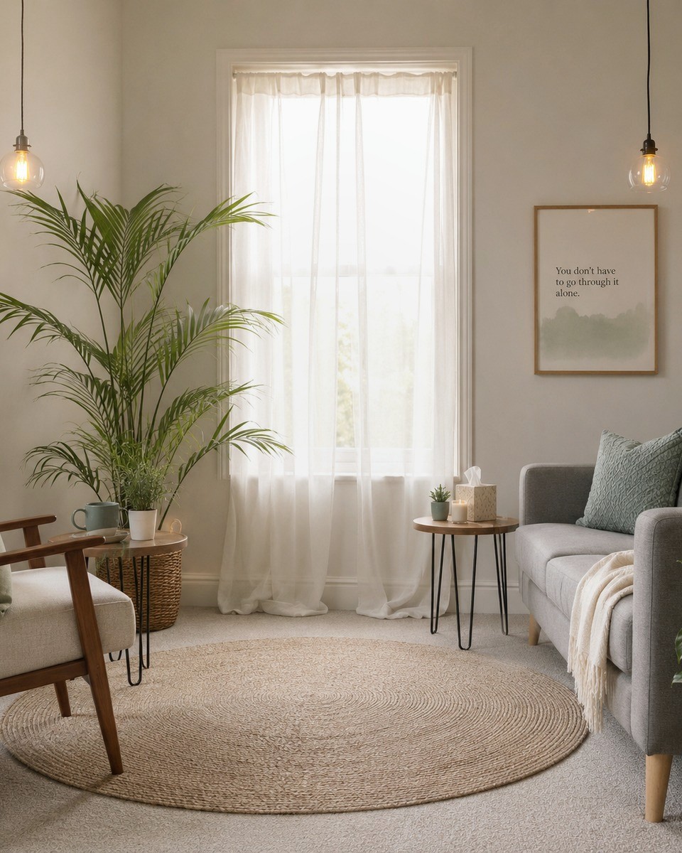 A calm, plant-filled therapy room with soft natural light, ready for an online session